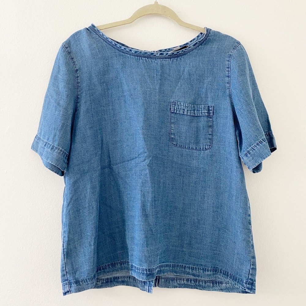 LOFT Button Back Blue Cambray Shirt with Pocket